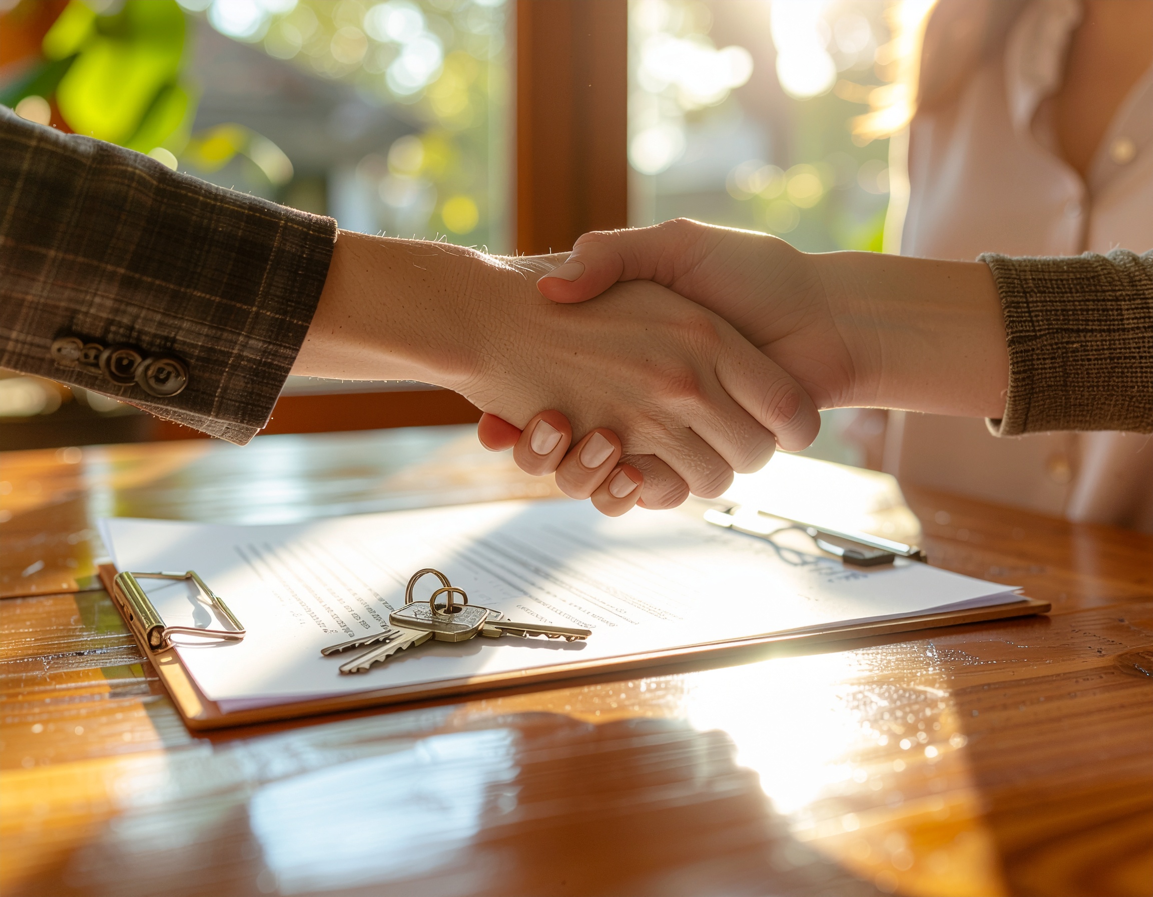 Aperto de mãos entre locador e inquilino sobre contrato de locação com chaves do imóvel na mesa.
