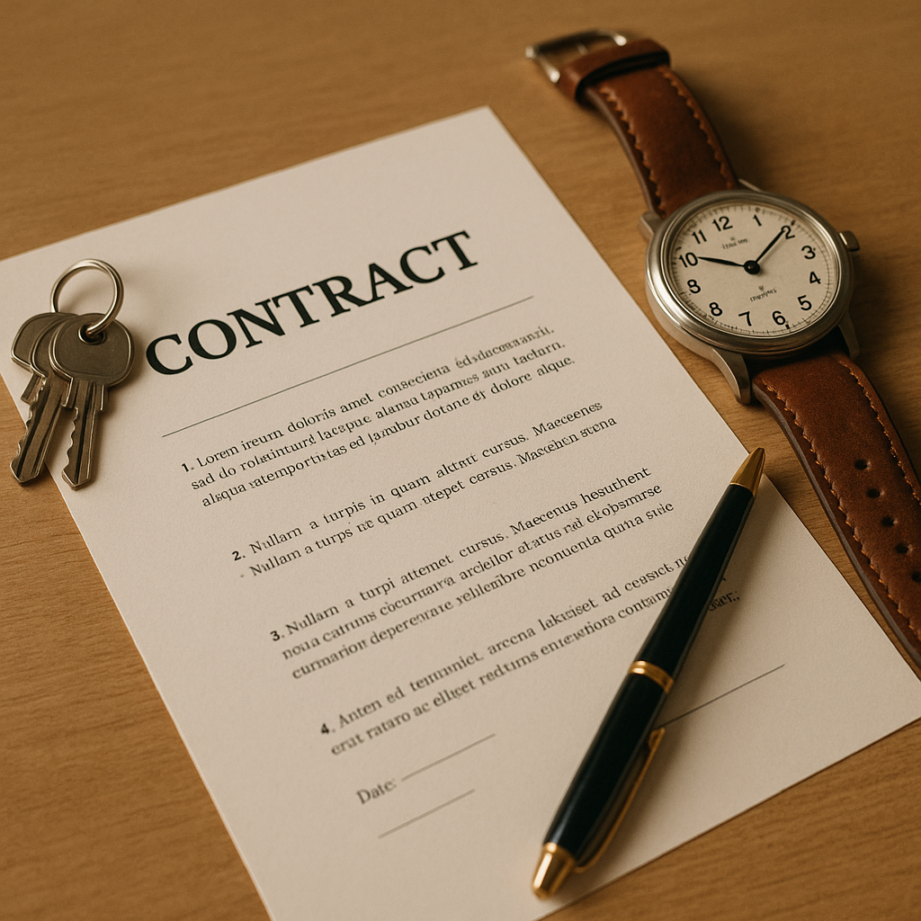 Foto ultrarrealista de um contrato de locação sobre uma mesa de madeira clara. O documento está parcialmente visível, com o título “CONTRACT” em destaque no topo. Uma caneta preta e dourada repousa sobre o papel, à direita. No canto superior esquerdo, há um pequeno molho de chaves metálicas, e mais acima, um relógio de pulso com pulseira de couro marrom. A iluminação suave cria uma atmosfera calma e profissional, sugerindo o momento de assinatura de um contrato de aluguel.